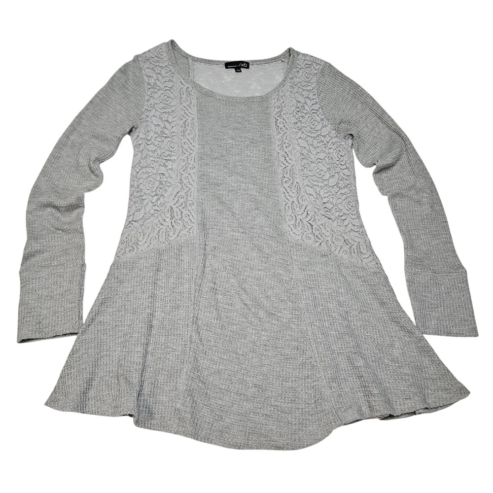 Gray Lace Waffle Knit Thermal Long Sleeve Babydoll Tunic‎ Top S Boho Shabby Chic
